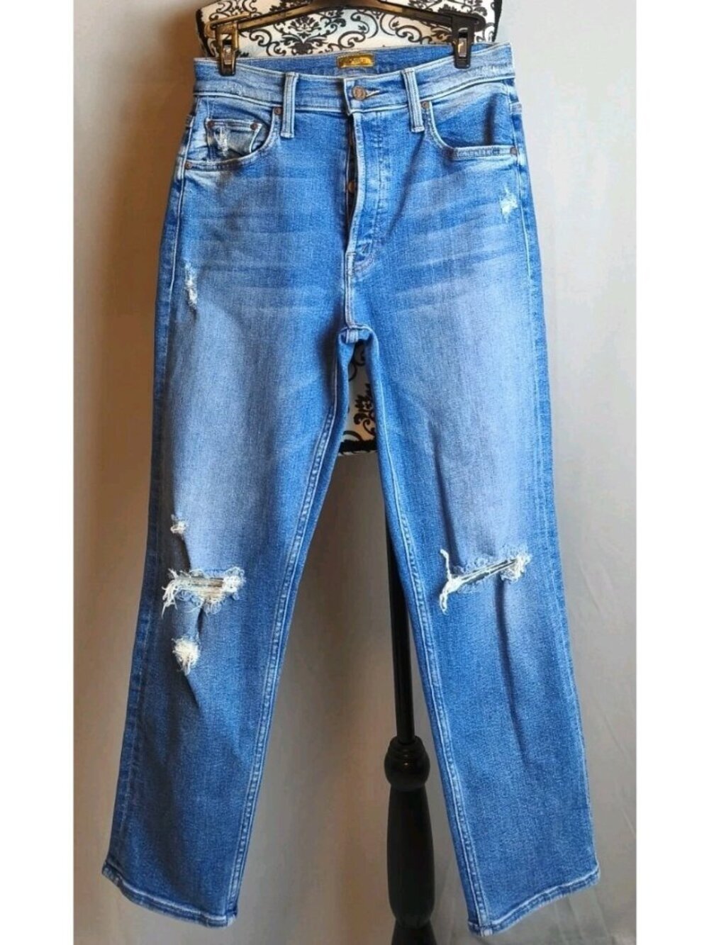 MOTHER The Tomcat High Rise Straight Leg Jeans Size 27 Blue Distressed Button Fl